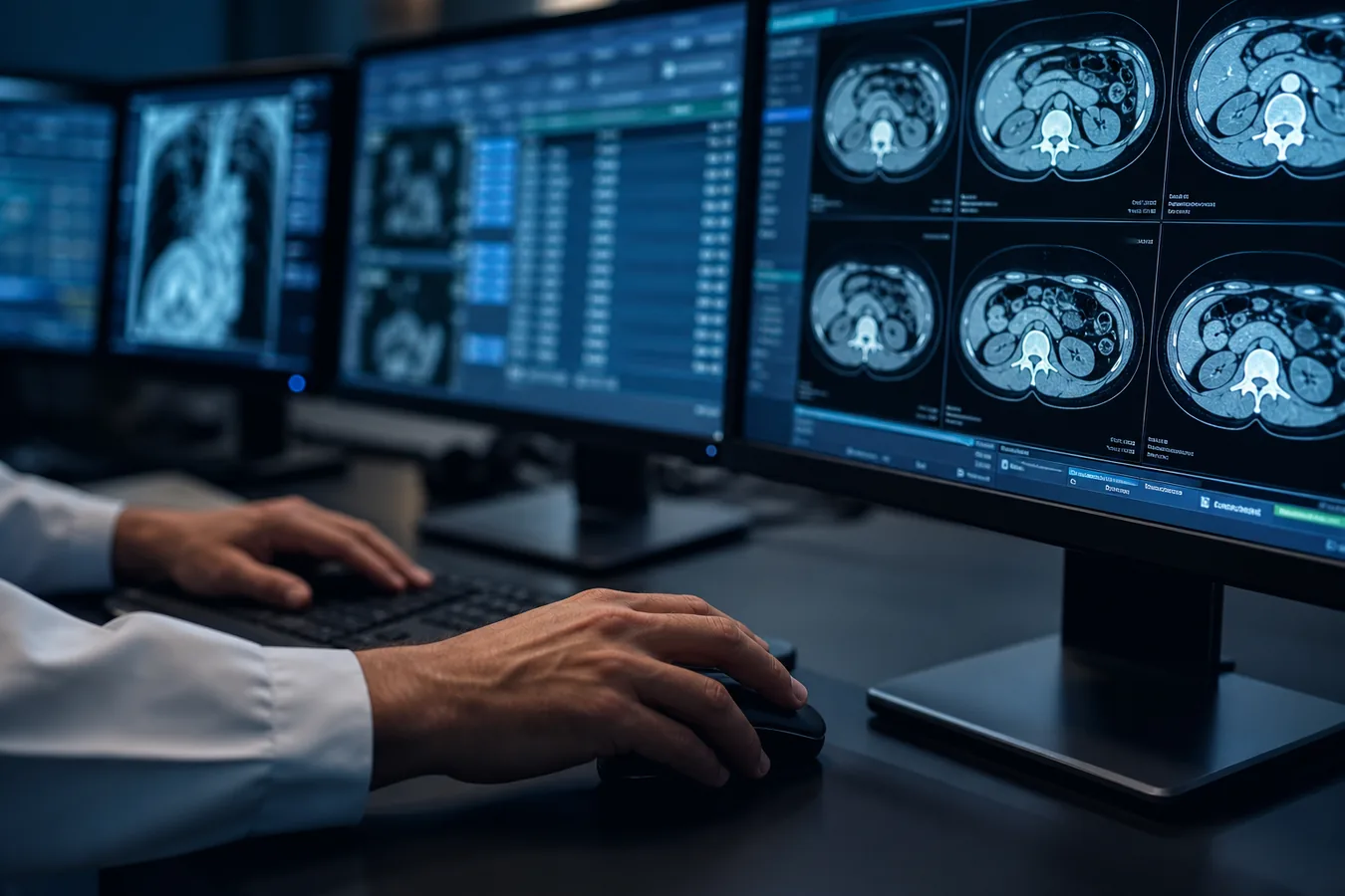 Radiologist navigating PACS worklist on diagnostic monitors